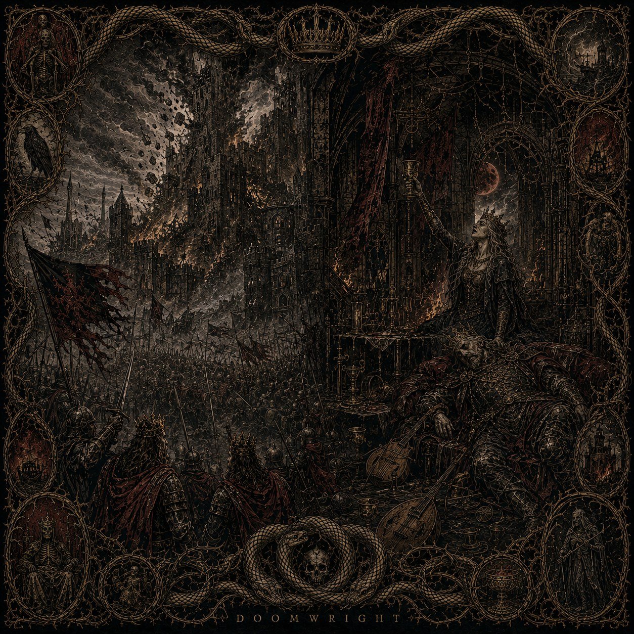Illuminated panel — A crowned queen raising a cup beside a dying king, a city burning beyond